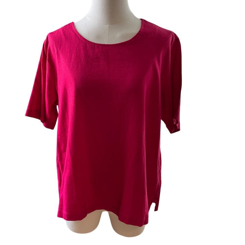 Country Wear Casual Large Blouse Hot Pink Linen‎ Rayon  Short Sleeve Vintage